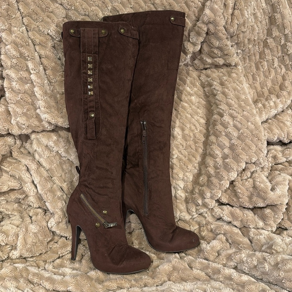Chocolate brown suede-like fabric, studded tall boots